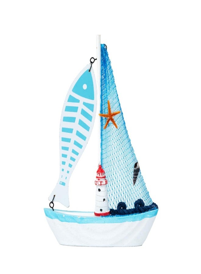 EAZYWAGON Wooden Decorative Sailboat Nautical Model Showpiece - 15x4x22 cm | Miniature Sailing Boat Showpiece for Home Decor, Living Room, Office & Table Desk Decoration | Light Blue Border-Big Fish - Image 1